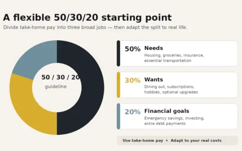 50/30/20 budget guideline showing needs, wants, and financial goals