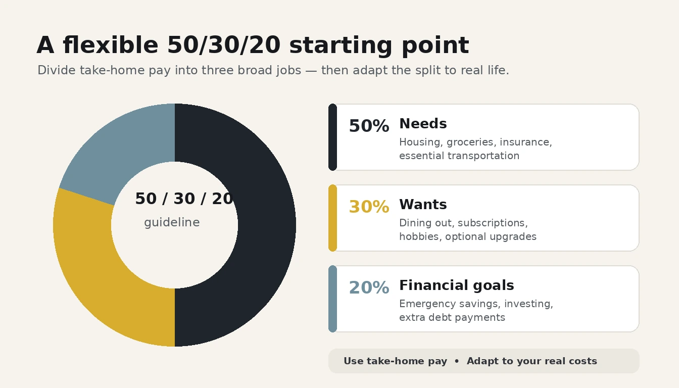 50/30/20 budget guideline showing needs, wants, and financial goals