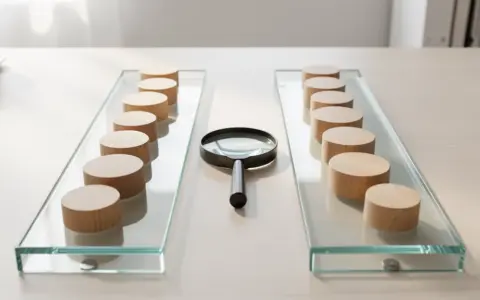 Two glass trays holding plain wooden tokens with a magnifying glass between them