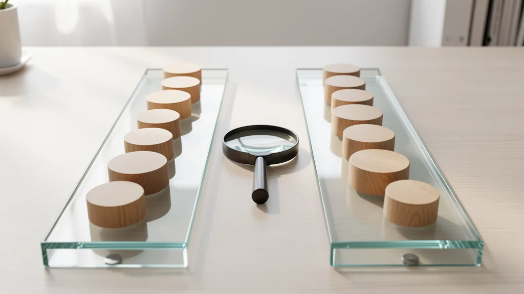 Two glass trays holding plain wooden tokens with a magnifying glass between them