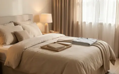 A calm lived-in bedroom with a soft bedside lamp, made bed, closed book, and clear floor