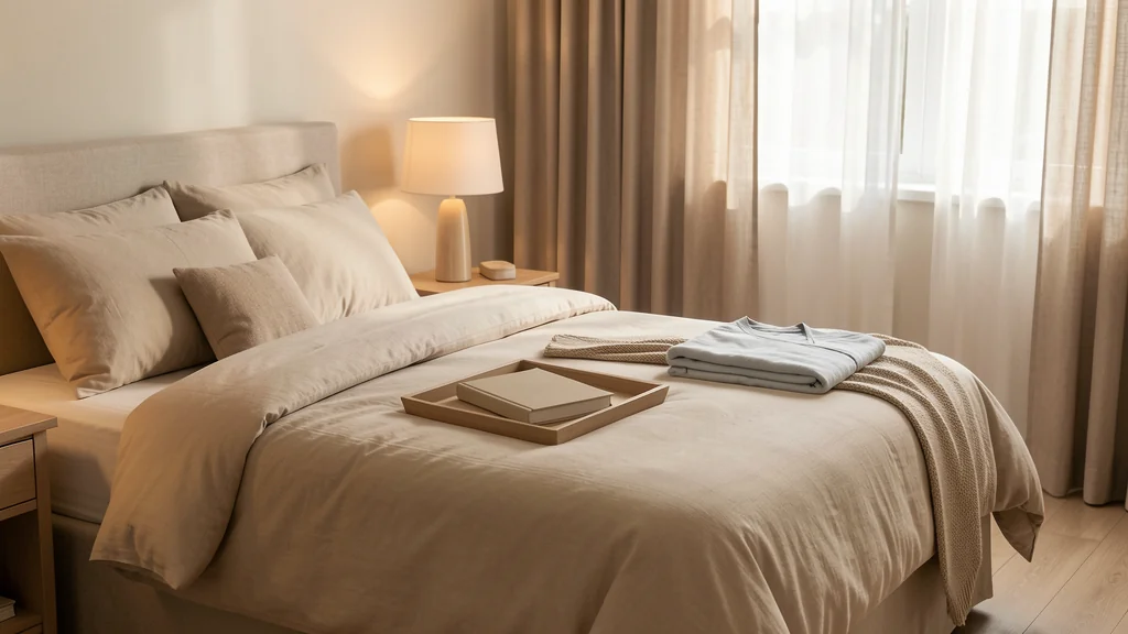 A calm lived-in bedroom with a soft bedside lamp, made bed, closed book, and clear floor
