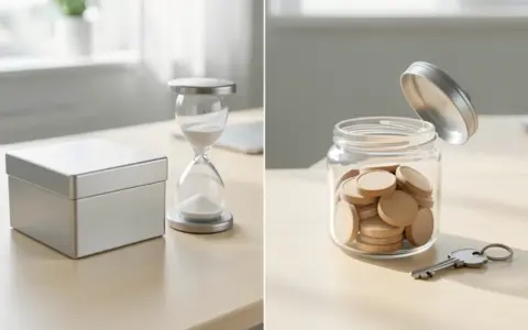 Hourglass and closed metal box beside an open jar of wooden tokens and a small key