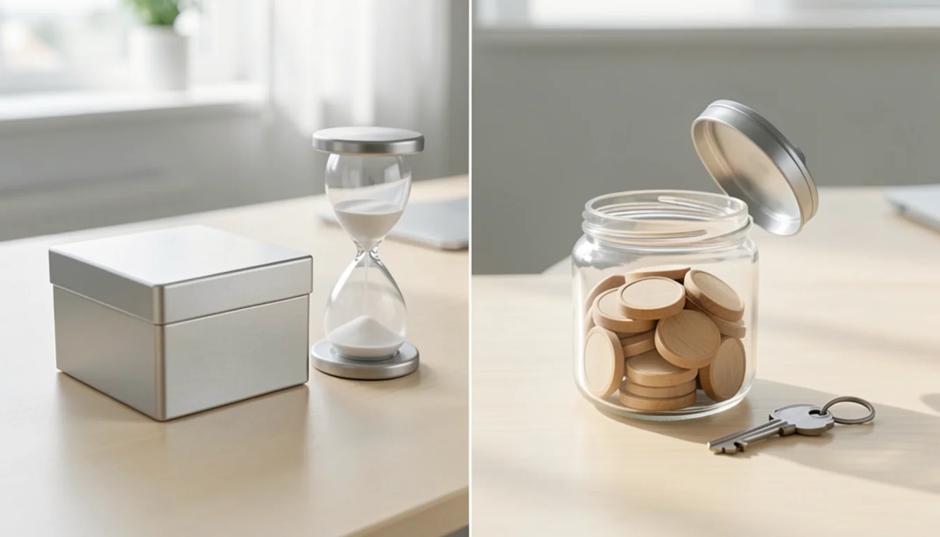 Hourglass and closed metal box beside an open jar of wooden tokens and a small key