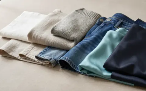 Folded denim, knitwear, and other neutral fabrics arranged together to show varied textures