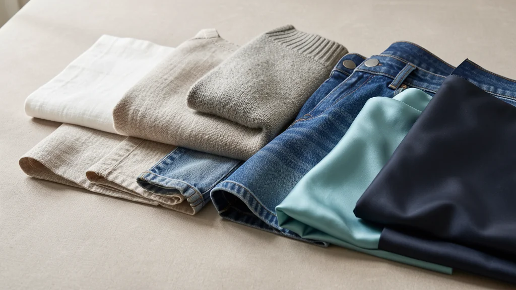 Folded denim, knitwear, and other neutral fabrics arranged together to show varied textures