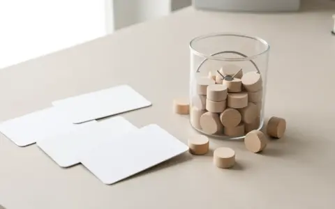 Four blank card-shaped objects beside a jar of wooden tokens and an unmarked curved gauge