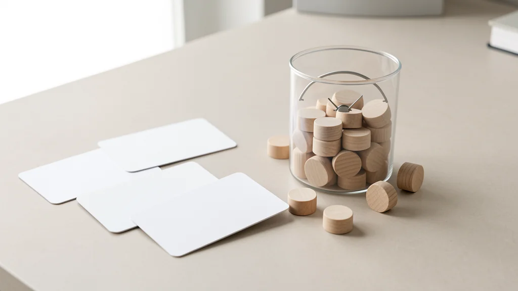 Four blank card-shaped objects beside a jar of wooden tokens and an unmarked curved gauge