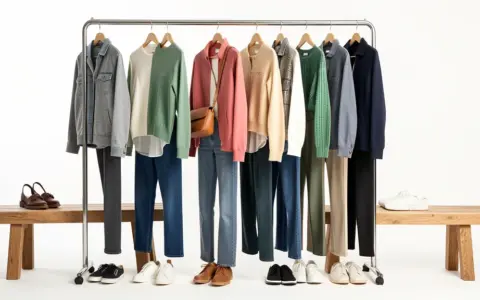 Coordinated everyday garments and shoes arranged on a clothing rack