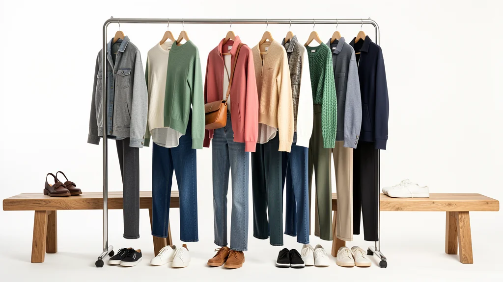 Coordinated everyday garments and shoes arranged on a clothing rack