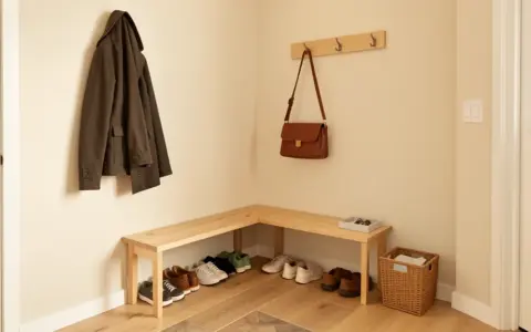 Compact entry corner with a low bench, shoes, hooks, basket, tray, and a clear walkway