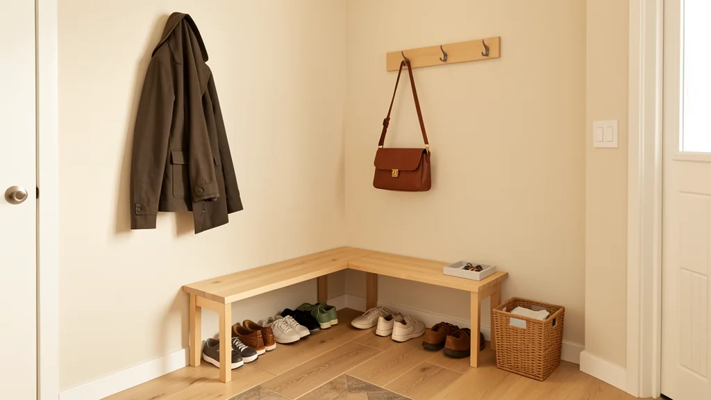 Compact entry corner with a low bench, shoes, hooks, basket, tray, and a clear walkway