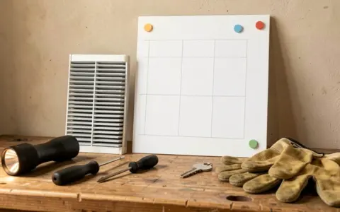 Home maintenance tools arranged beside a plain calendar, flashlight, filter, gloves, and house key