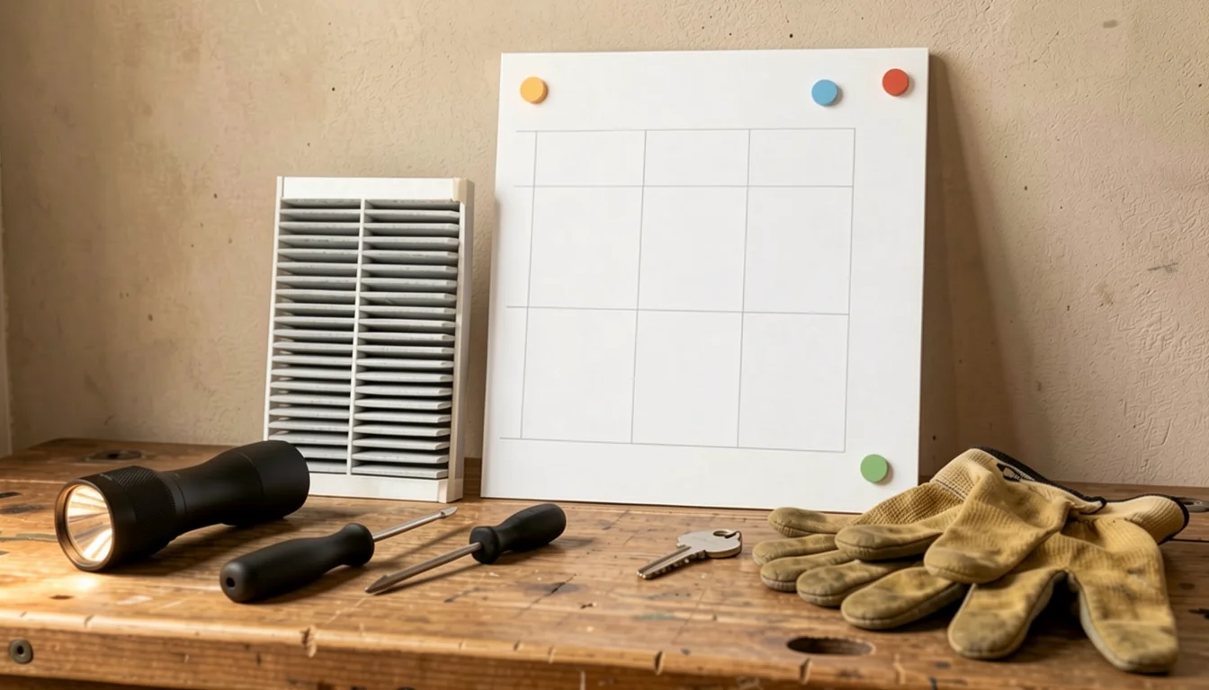 Home maintenance tools arranged beside a plain calendar, flashlight, filter, gloves, and house key