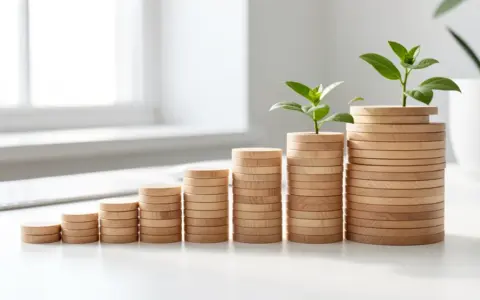 Wooden token stacks increasing in height beside two green plants on a bright table
