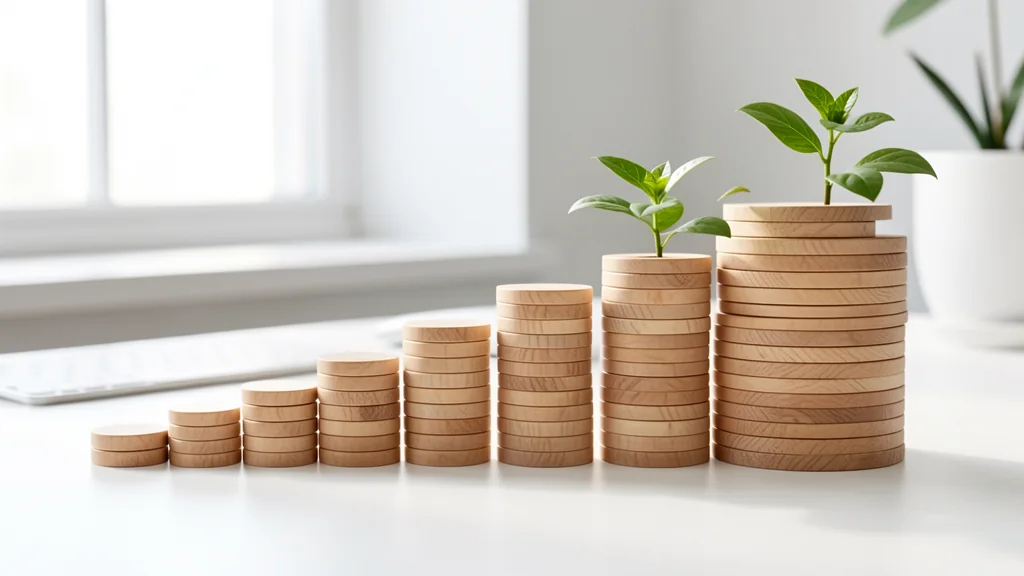 Wooden token stacks increasing in height beside two green plants on a bright table