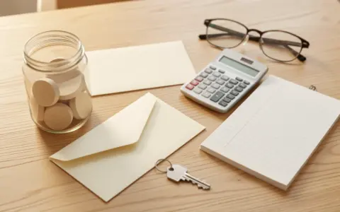 Blank savings envelopes, wooden tokens, calculator, notepad, glasses, and house key arranged on a table