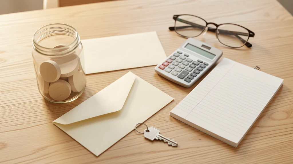 Blank savings envelopes, wooden tokens, calculator, notepad, glasses, and house key arranged on a table
