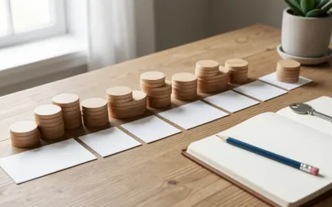 Uneven stacks of wooden tokens beside blank cards, an open notebook, pencil, and house key