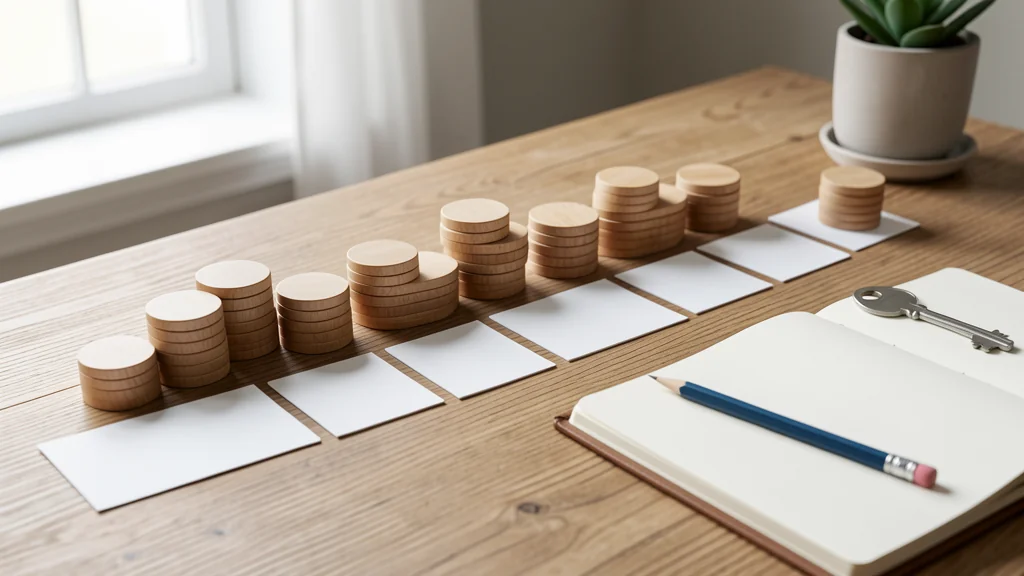 Uneven stacks of wooden tokens beside blank cards, an open notebook, pencil, and house key