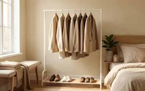 Coordinated neutral garments hanging on a clothing rack with shoes arranged below