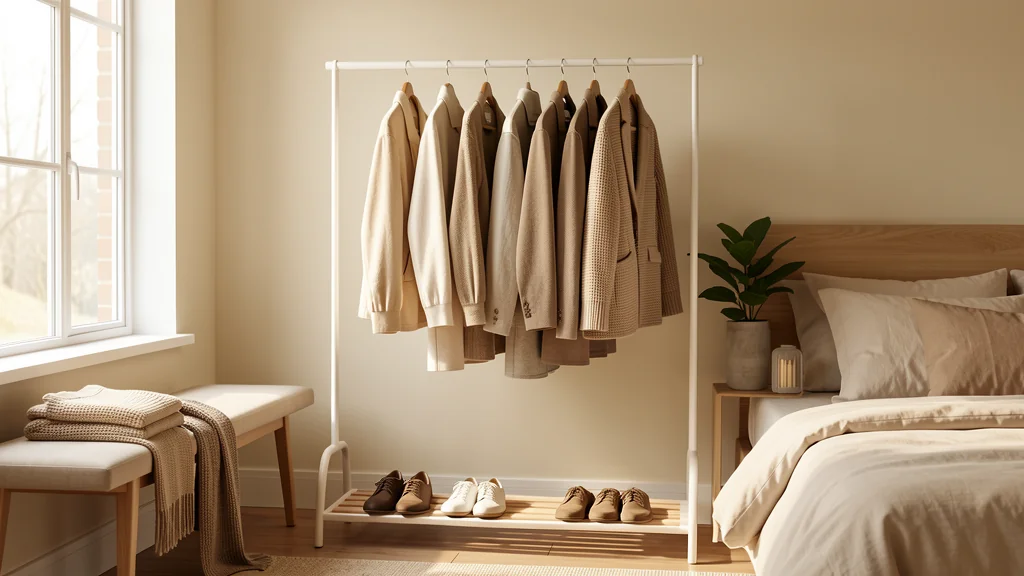 Coordinated neutral garments hanging on a clothing rack with shoes arranged below