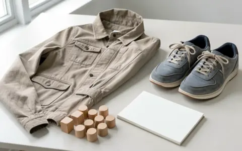 Neutral jacket and shoes beside plain wooden counting tokens and a blank notebook