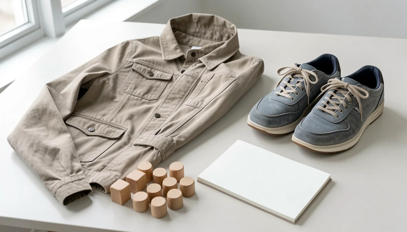 Neutral jacket and shoes beside plain wooden counting tokens and a blank notebook
