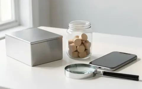 Plain metal cash box beside a jar of wooden tokens, a phone with a dark screen, and a magnifying glass