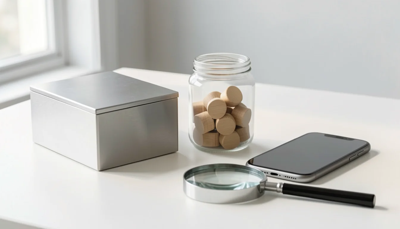 Plain metal cash box beside a jar of wooden tokens, a phone with a dark screen, and a magnifying glass