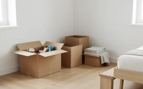 A partially organized room with a small contained sorting area and plain open boxes