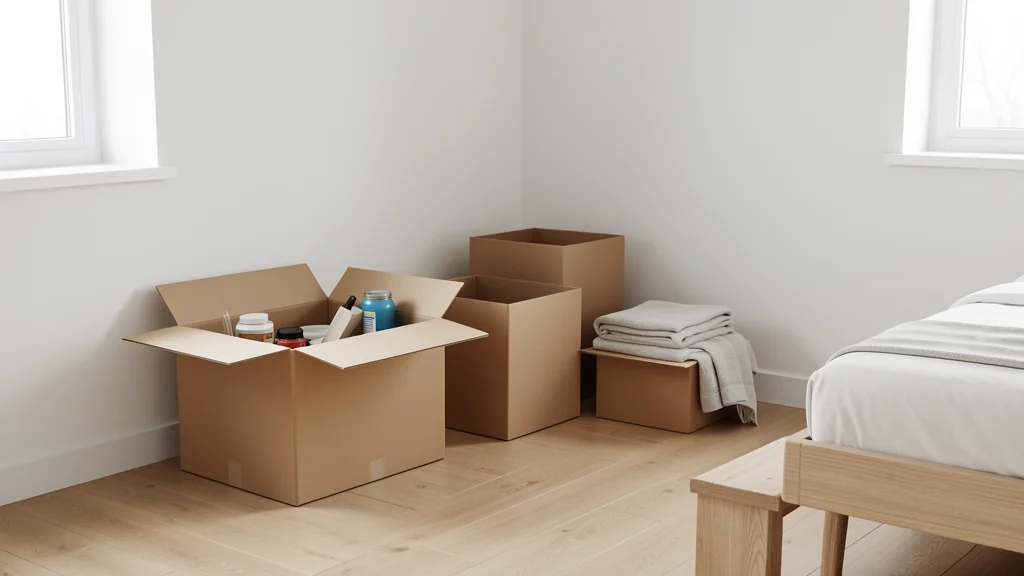 A partially organized room with a small contained sorting area and plain open boxes