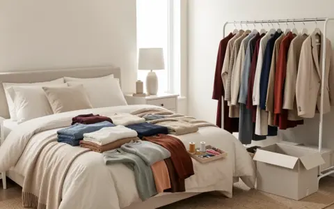 Clothes arranged on a rack and bed beside a sewing kit and blank sorting boxes