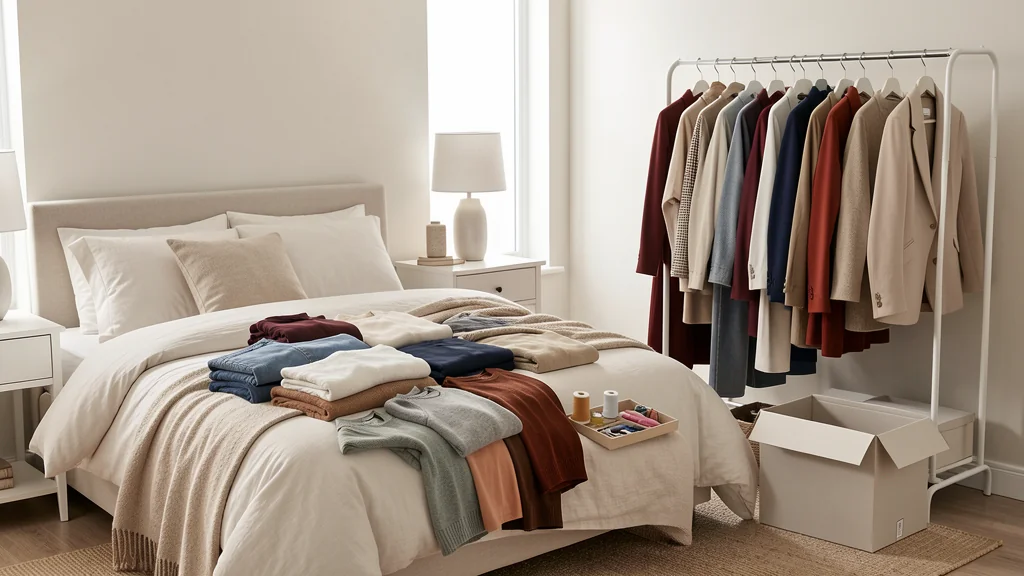 Clothes arranged on a rack and bed beside a sewing kit and blank sorting boxes