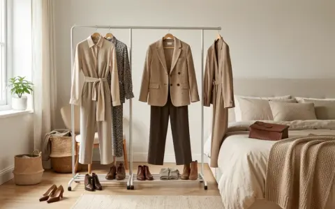 Coordinated garments on a clothing rack with shoes and a handbag in a bedroom
