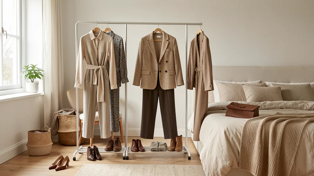 Coordinated garments on a clothing rack with shoes and a handbag in a bedroom