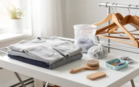 Neutral garments arranged with a mesh wash bag, drying rack, stain brush, and compact sewing kit