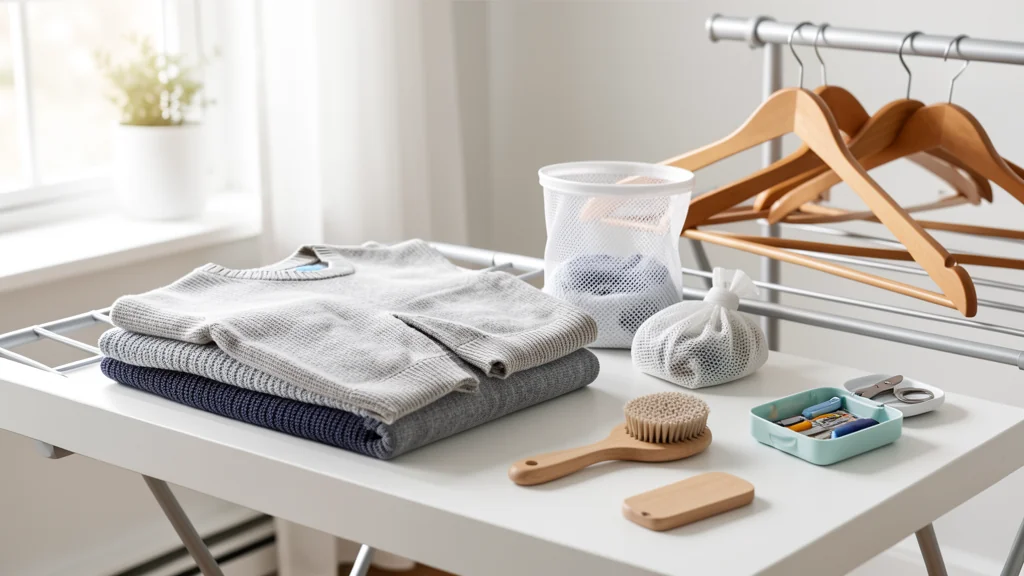 Neutral garments arranged with a mesh wash bag, drying rack, stain brush, and compact sewing kit