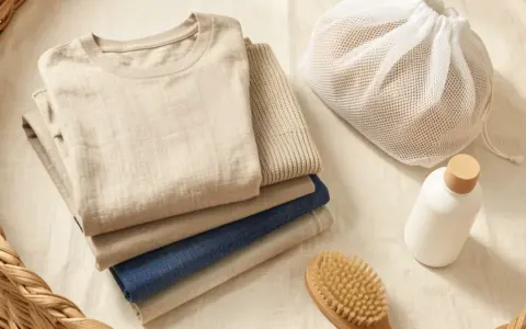 Folded neutral garments beside a mesh wash bag, laundry basket, lint brush, and plain detergent bottle