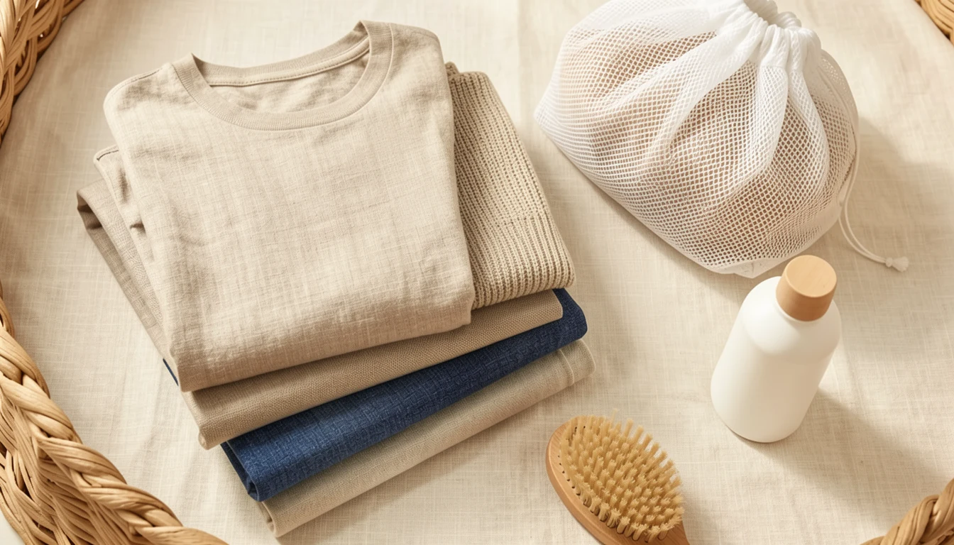 Folded neutral garments beside a mesh wash bag, laundry basket, lint brush, and plain detergent bottle