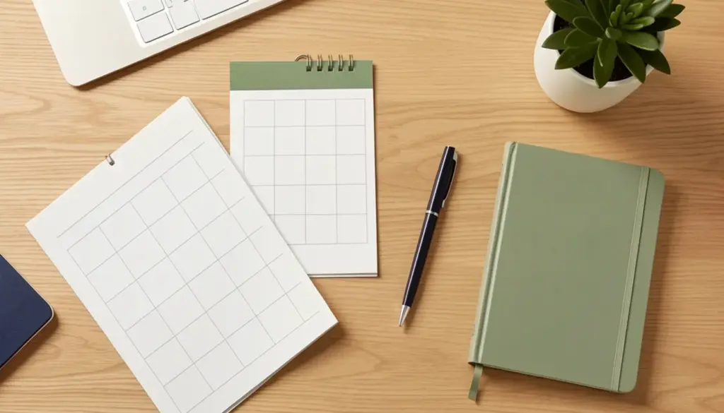Blank financial goal planners on an organized desk