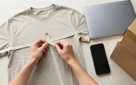 Hands measuring a plain shirt with a tailoring tape beside a closed laptop, phone, and shipping box
