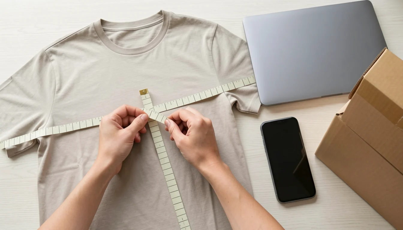 Hands measuring a plain shirt with a tailoring tape beside a closed laptop, phone, and shipping box