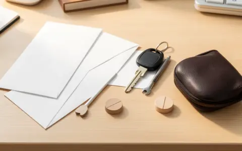 Blank envelopes with wooden tokens beside a car key, small wrench, and travel pouch