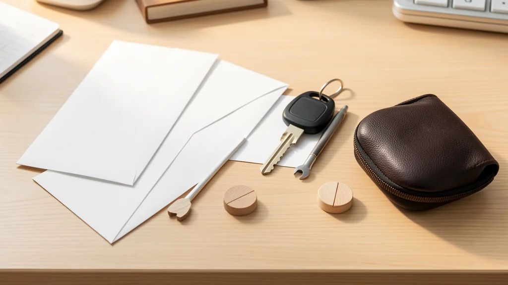Blank envelopes with wooden tokens beside a car key, small wrench, and travel pouch