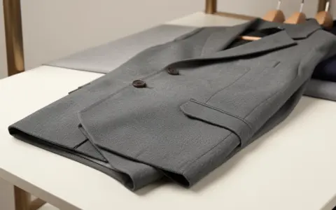 Folded gray tailored jacket with visible lapels, pockets, buttons, and stitching