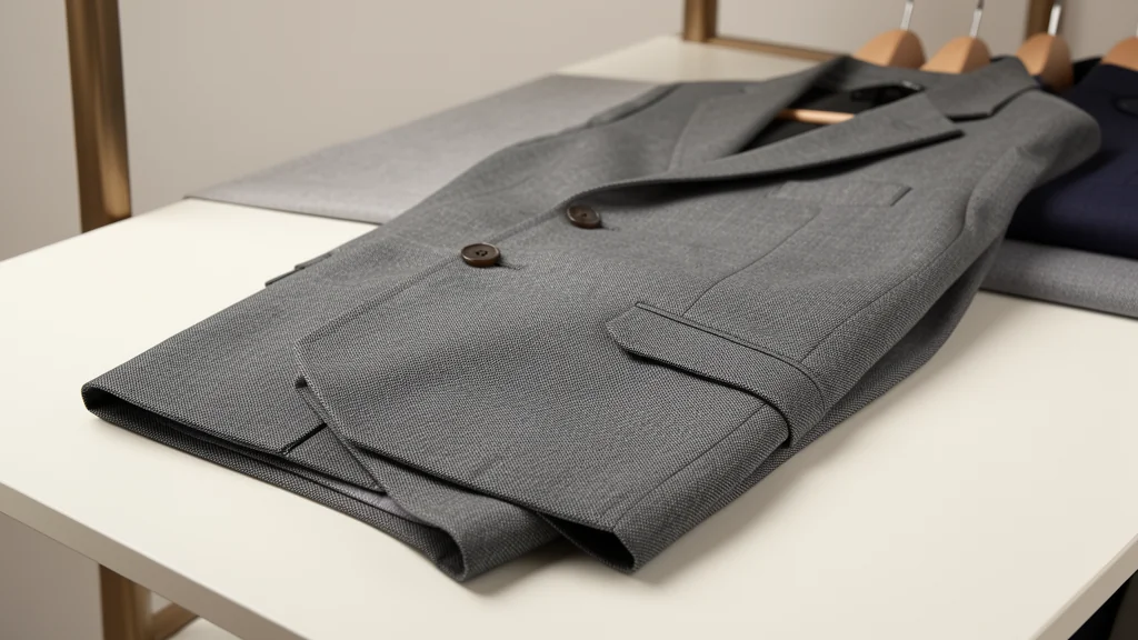 Folded gray tailored jacket with visible lapels, pockets, buttons, and stitching