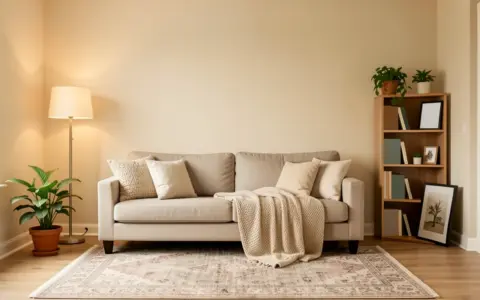 Warm living room with a sofa, floor lamp, rug, plants, freestanding bookcase, and portable framed art