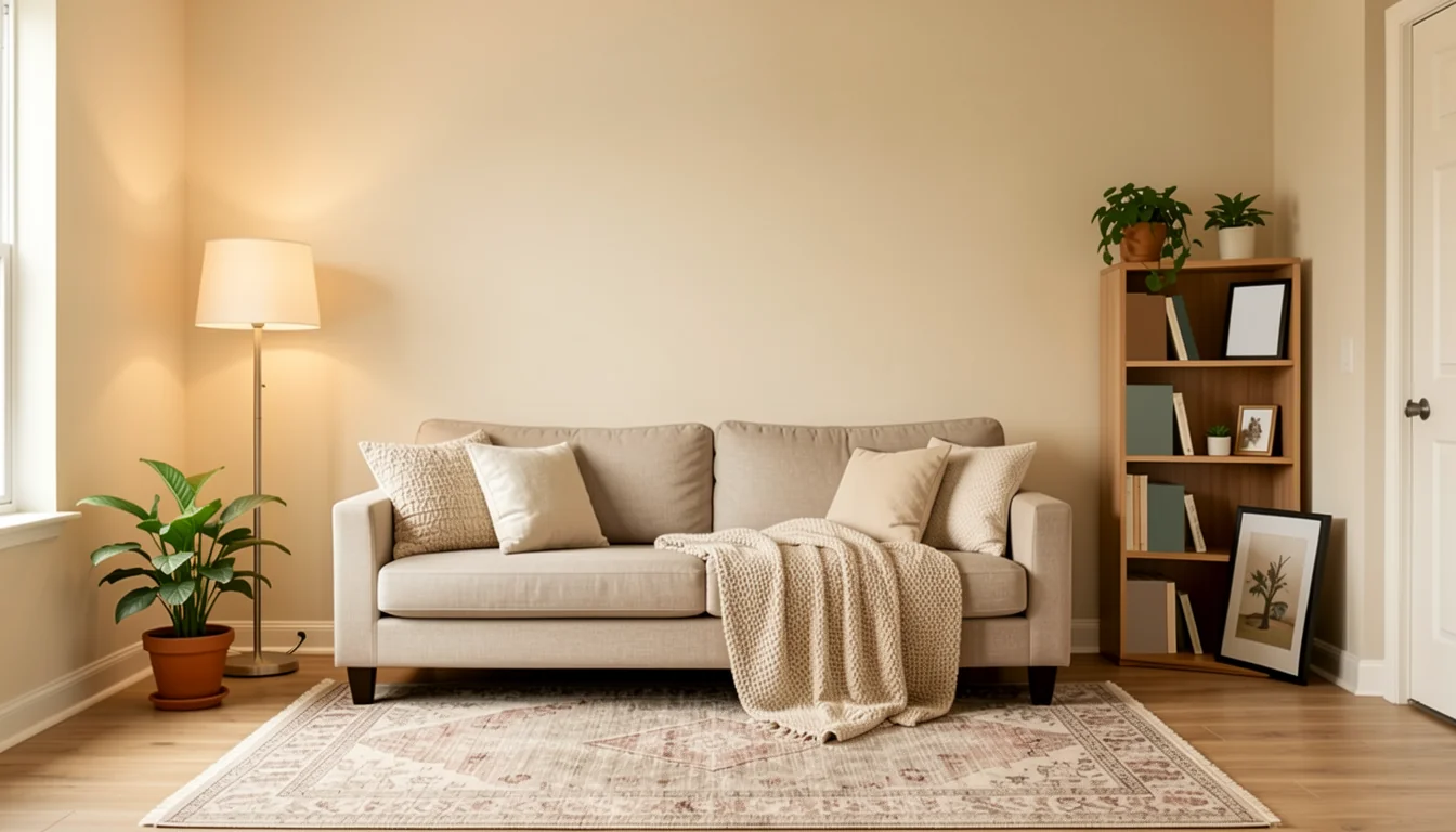 Warm living room with a sofa, floor lamp, rug, plants, freestanding bookcase, and portable framed art