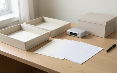 A home desk with two paper trays, blank sheets, a pen, a compact scanner, and a lidded storage box